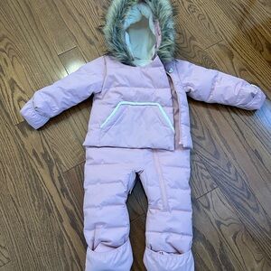deux par deux Light Pink Puffer Snowsuit with Faux-Fur Hood